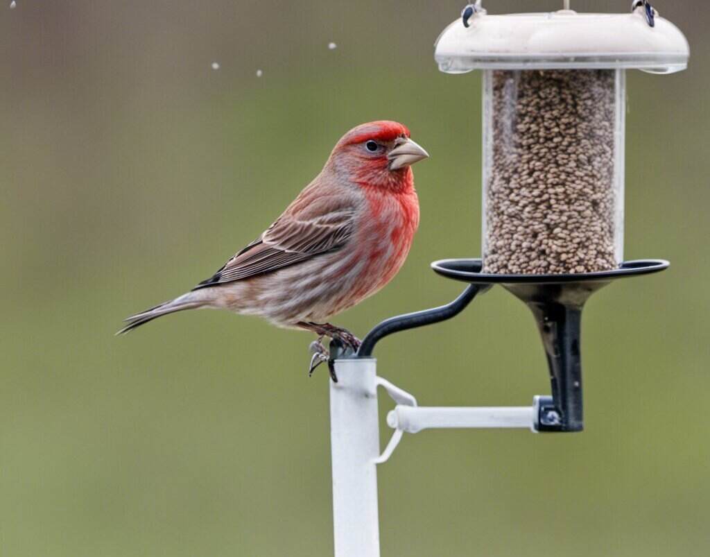 A House Finch at a bird feeder feeding on Niger also called Nyjer seed.