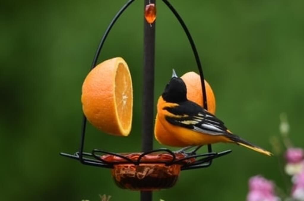 A Baltimore Oriole feeding on grape jelly and oranges.