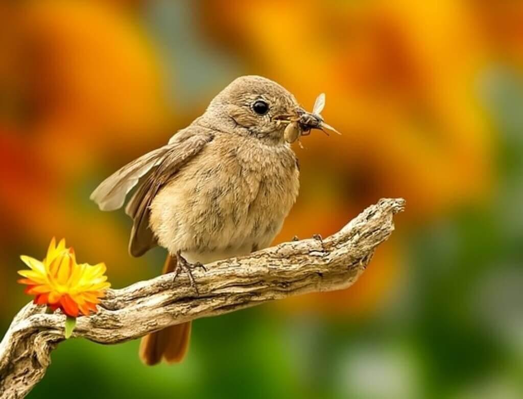 A common redstart with an insect in it's mouth.