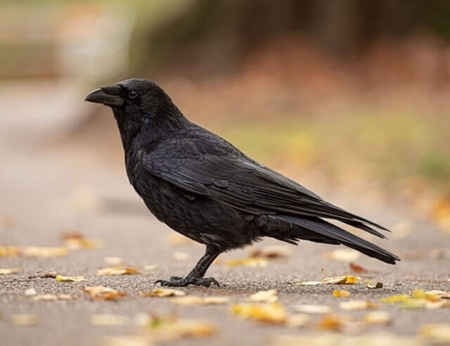 An American Crow foraging on the ground.