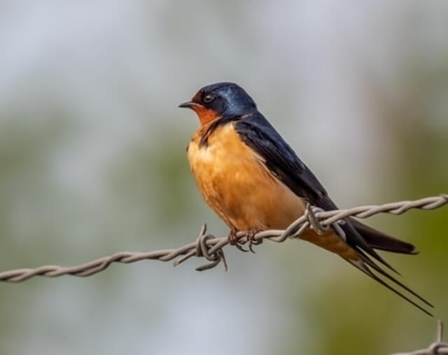 A barn swallow perched on a barbed wire  fence.