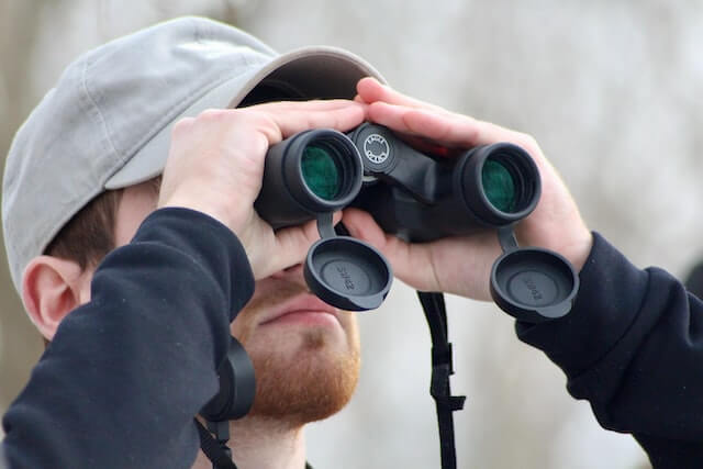 A man focusing on a bird with his binoculars.