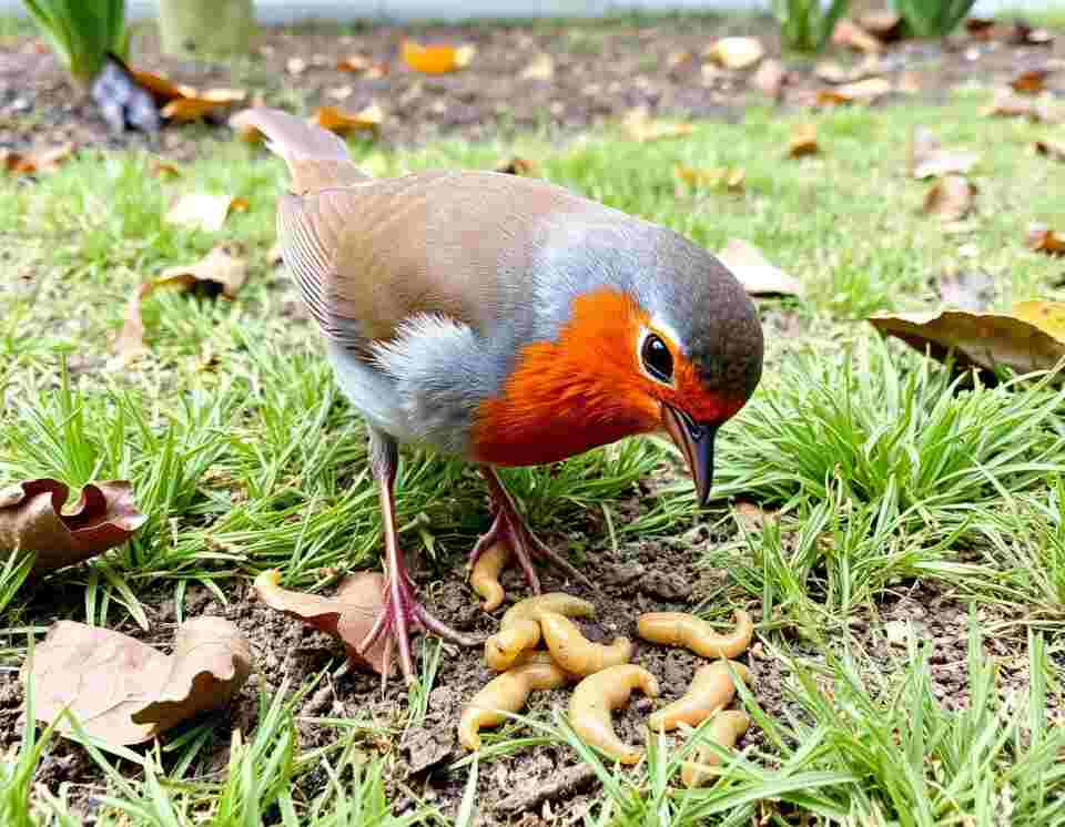 A robin feeding on maggots.