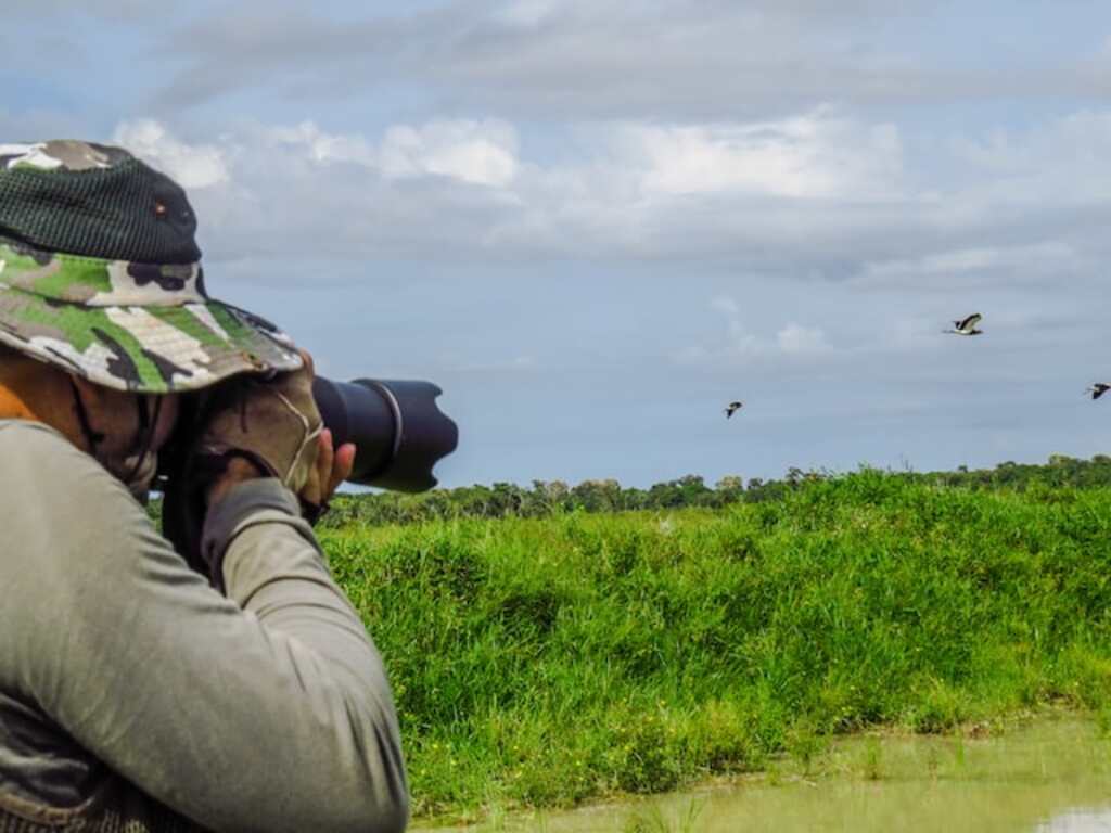 A person out birdwatching and taking photos of birdsin a field.