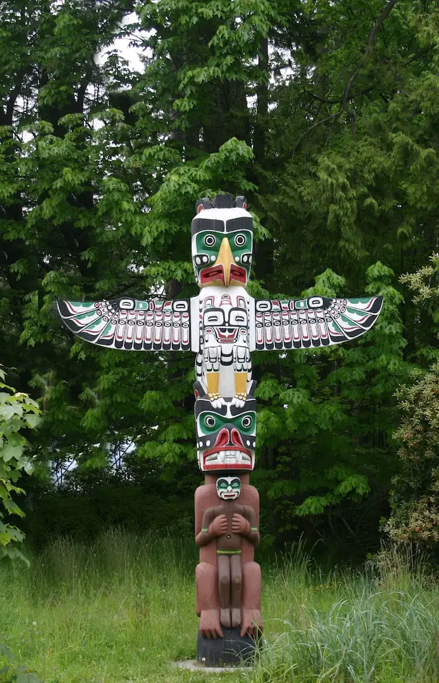 A Thunderbird totem pole in Vancouver, Canada.