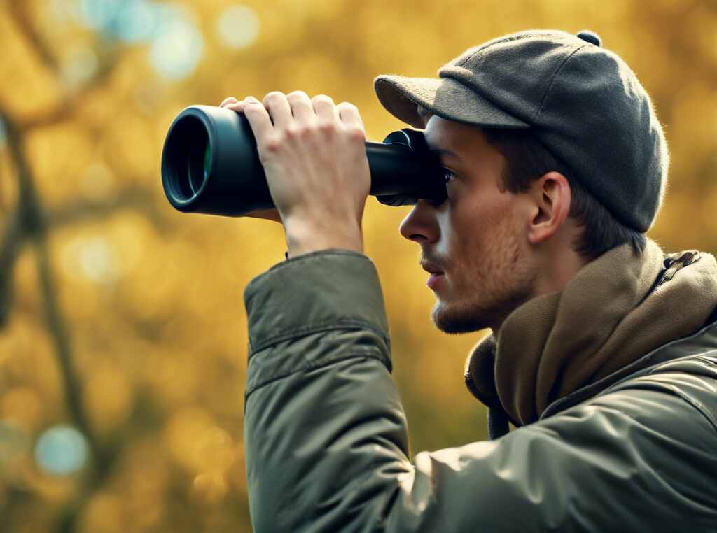 A young man using binoculars to observe birds in their natural habitat