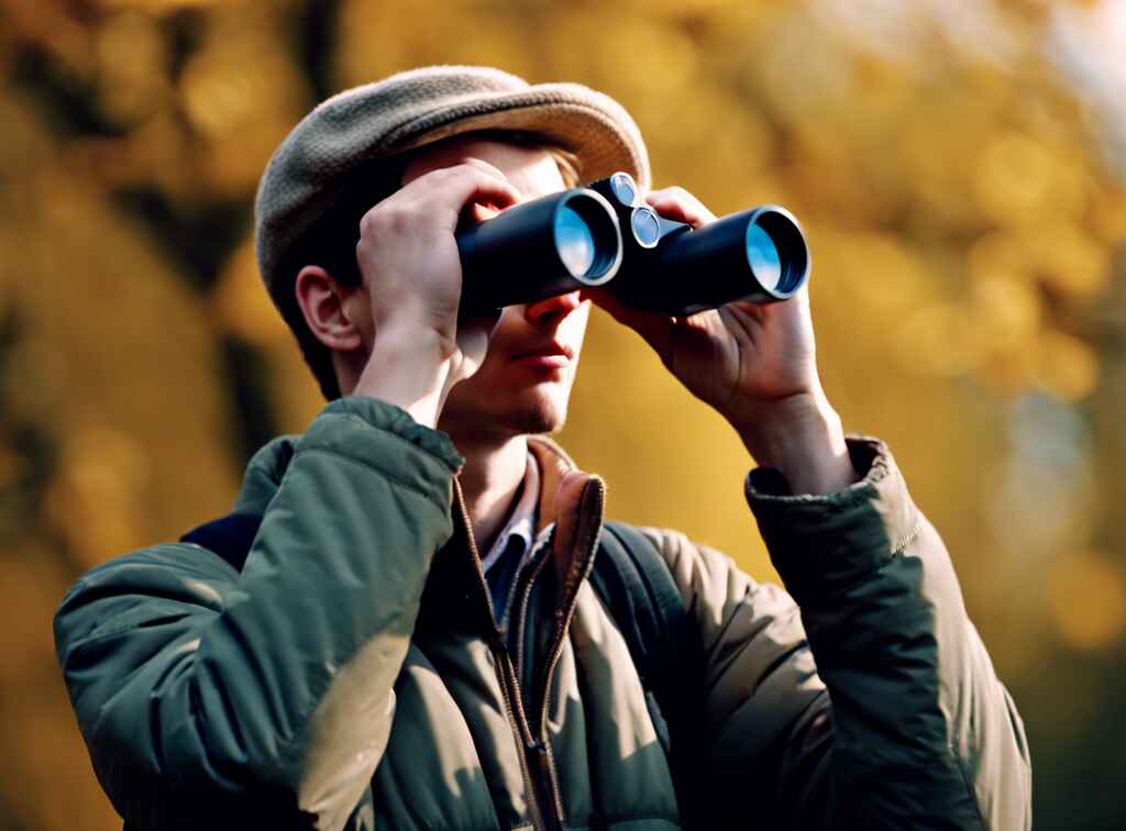A young man using binoculars to observe birds in nature