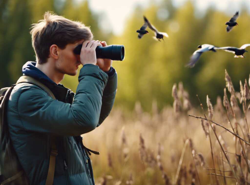 A young birder using binoculars to spot birds in the wild