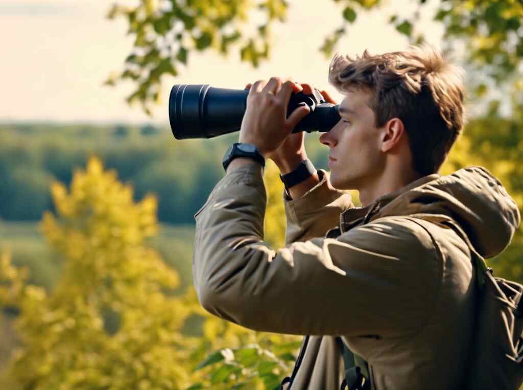 A young man observing birds through binoculars in a natural setting