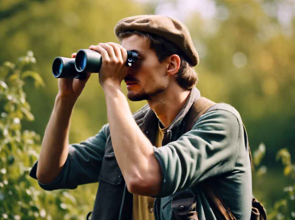 A birder using binoculars to observe birds in their natural habitat