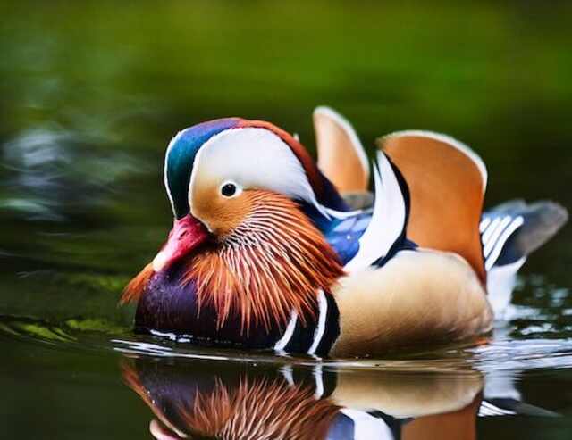 A Mandarin duck floating on the water.