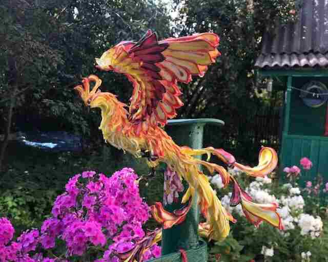 A Phoenix bird symbol hanging over the garden.