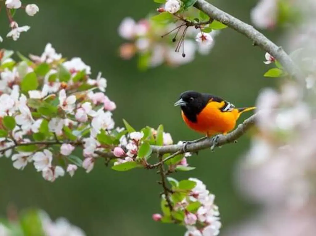 A Baltimore Oriole perched in a cherry tree.
