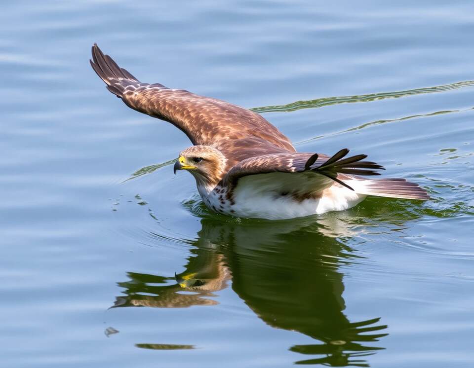 A hawk bathing in the water.