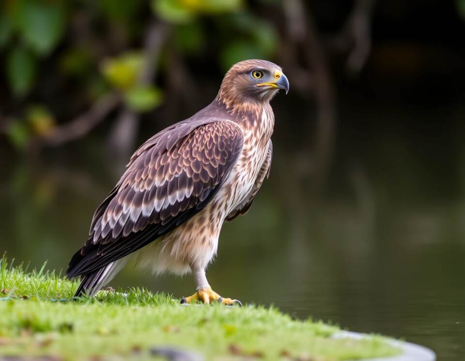 A hawk standing on the water's edge.