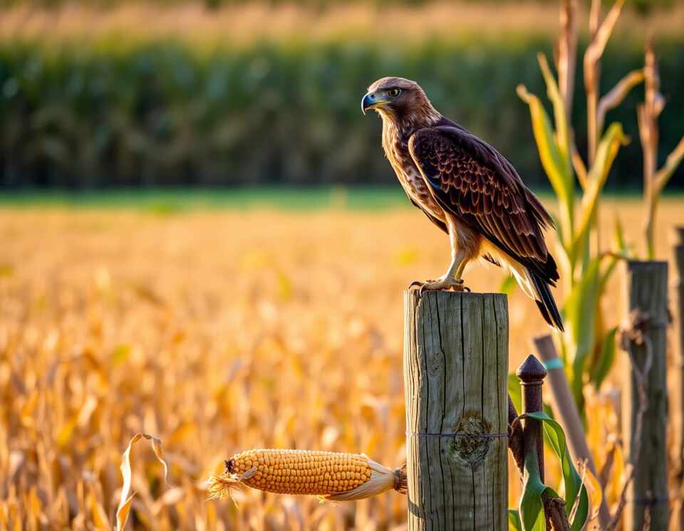 A majestic hawk perched on a wooden fence post near a cornfield, surveying its surroundings.