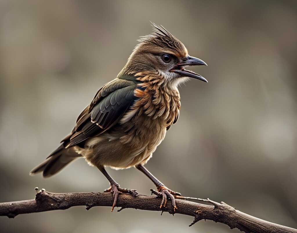 A small bird with teeth perche on a tree branch.