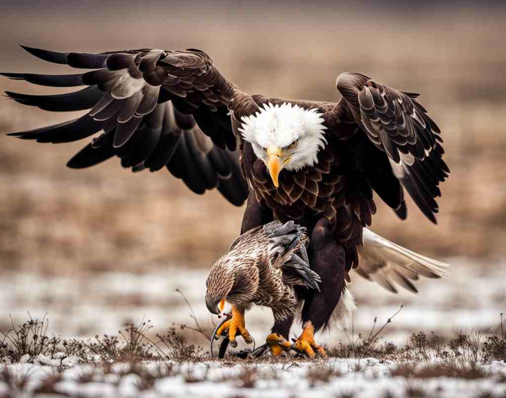 An eagle attacking a bird.