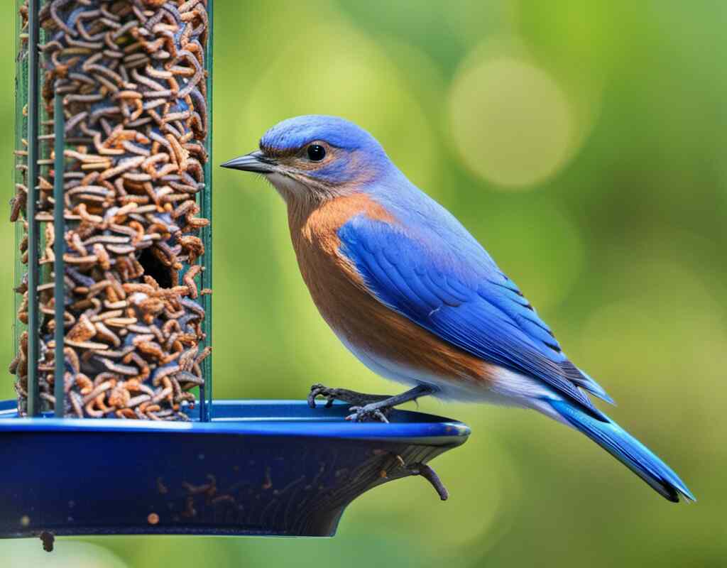 A Bluebird enjoying mealworms from a birdfeeder.