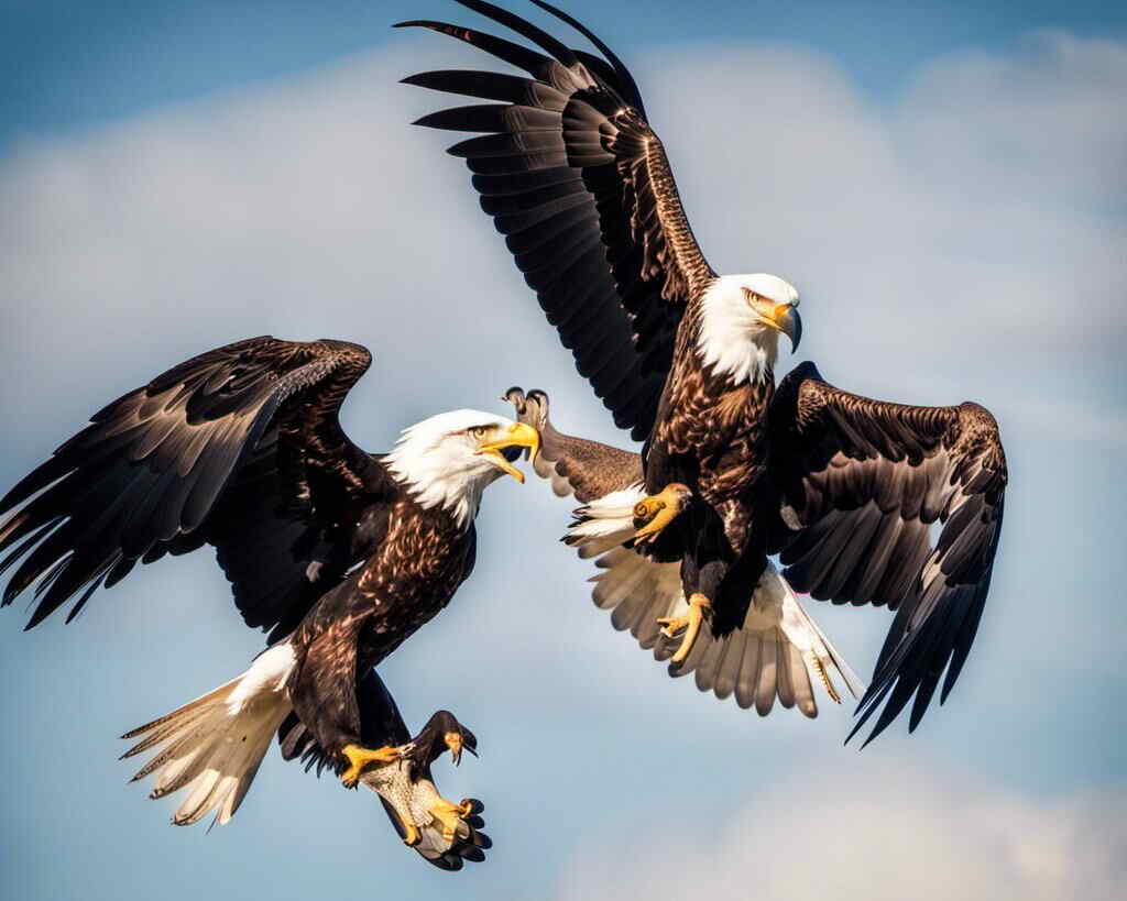 Two Bald Eagles in the sky performing a courtship ritual.