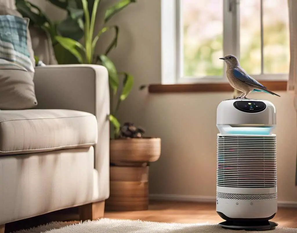 An air purifier in a room with a blue bird perched on top of it.