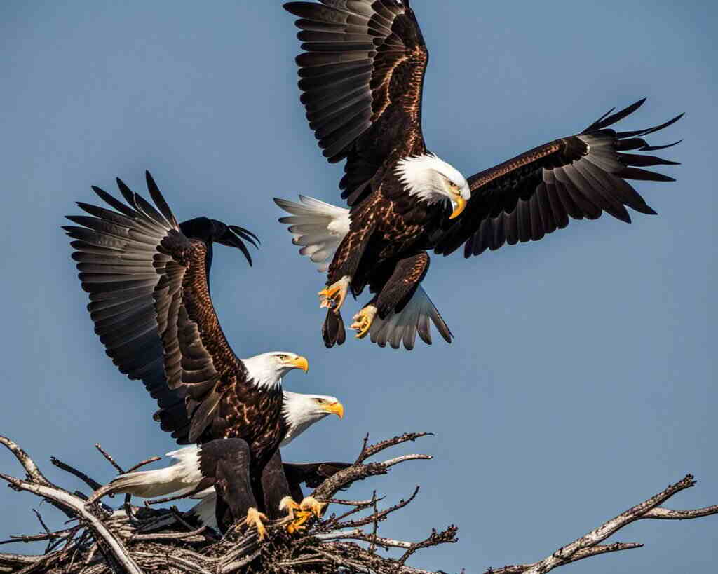 A nest with three bald eagles in it.