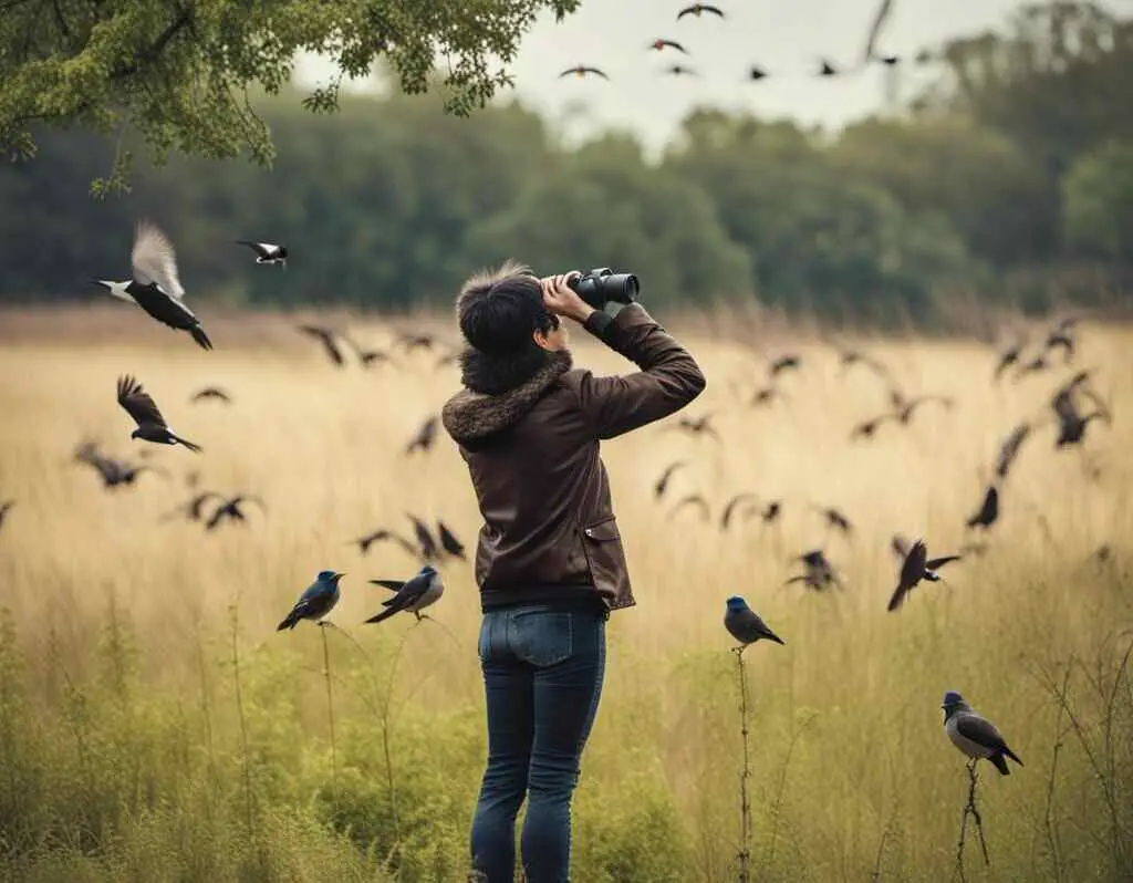 A woman with binoculars watching birds.