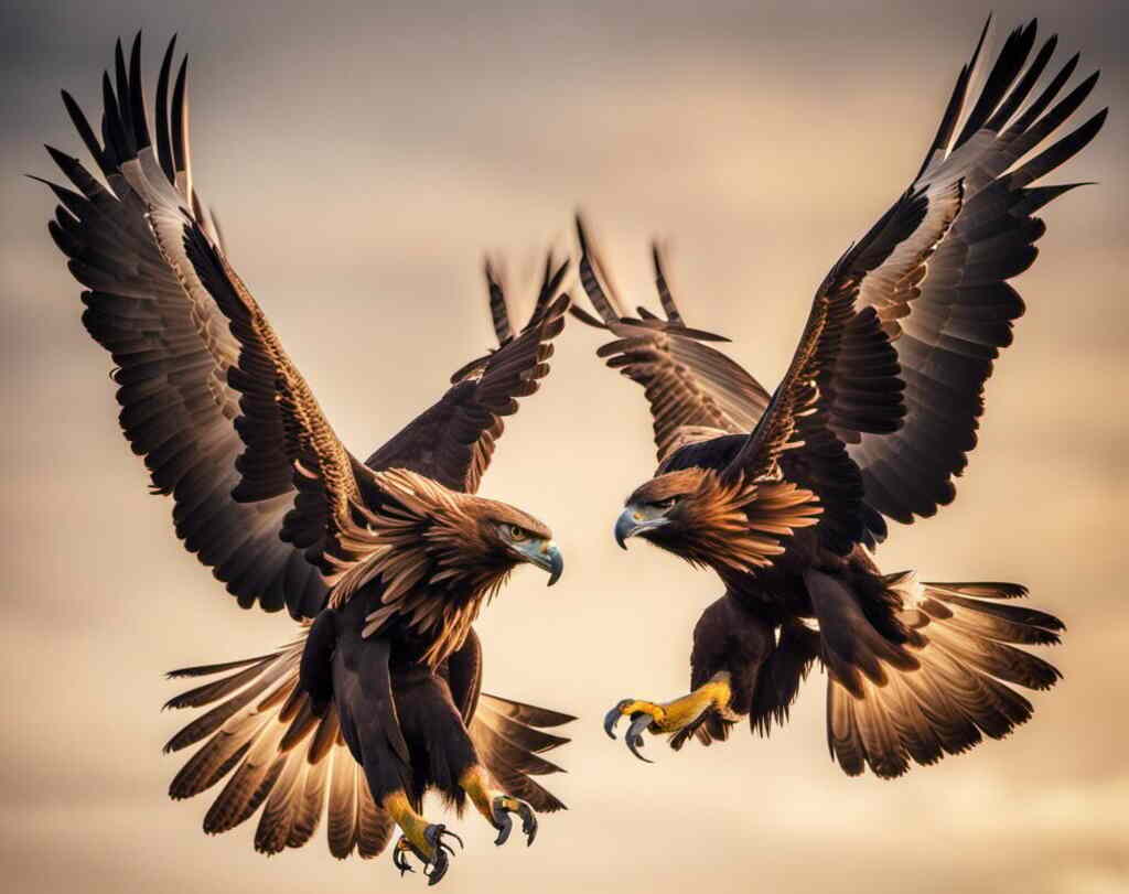 Two Golden Eagles performing courtship displays in the sky.