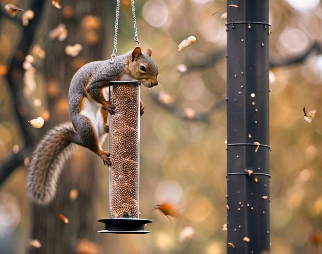 A squirrel trying to access a bird feeder for bird seed.