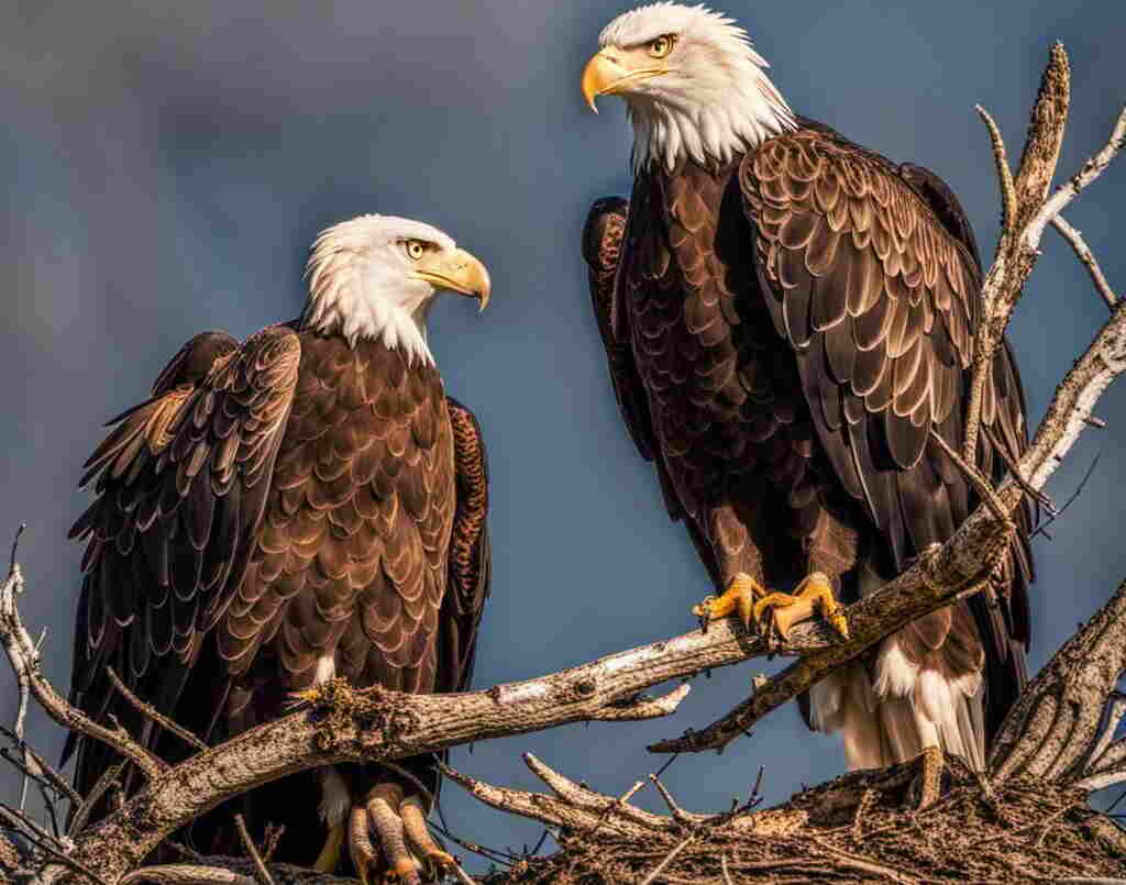 A pair of Bald Eagles perched in their nest.