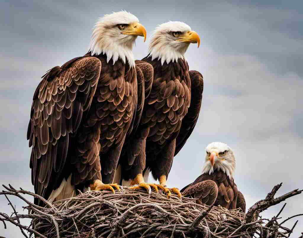 A pair of adult eagles with their eaglet in the nest.