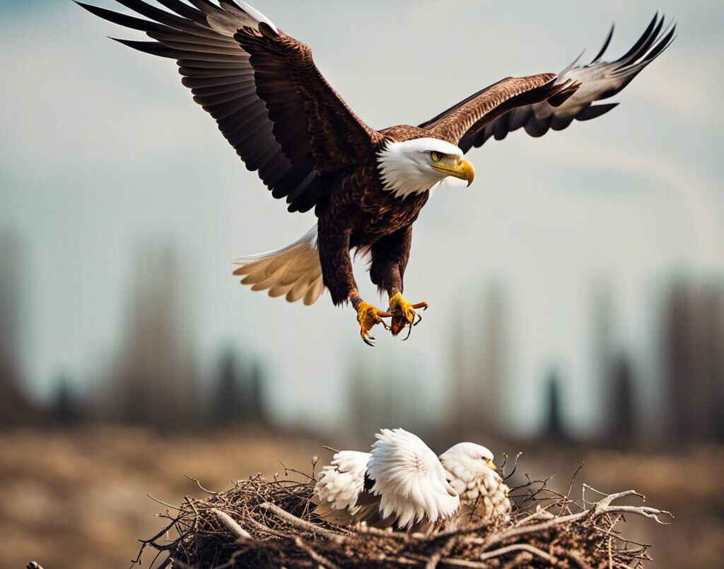 An eagle fly into its nest.