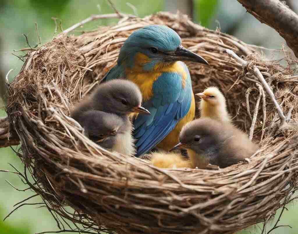Mother bird with chicks in nest.