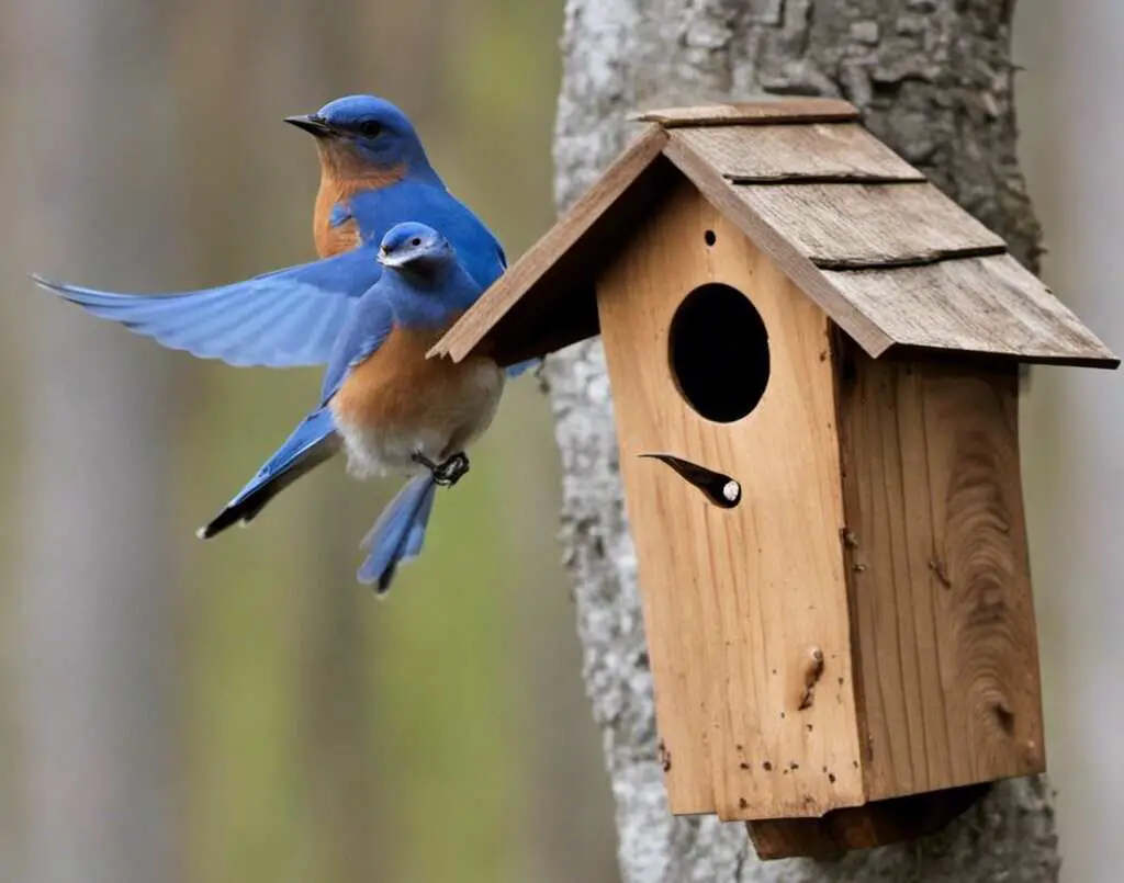 Two Bluebirds flying around their birdhouse.