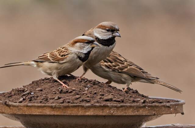 Three House Sparrows taking dirt baths.