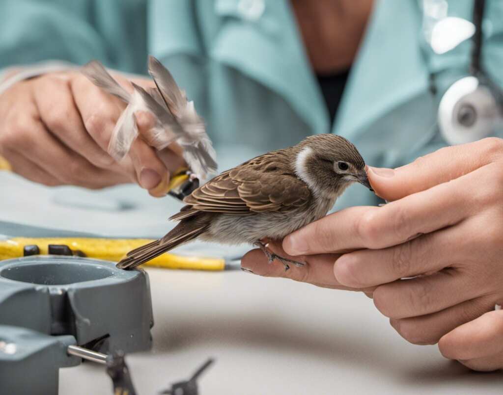 A House Sparrow getting its wing fixed by a veterinarian.