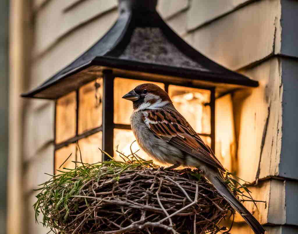 A house sparrows nest on top of a light fixture.