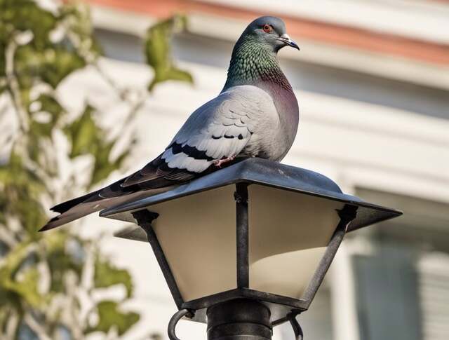 A pigeon perched on a light fixture.