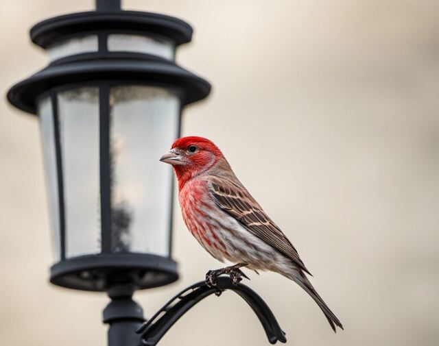 A House Finch perched on a light post.