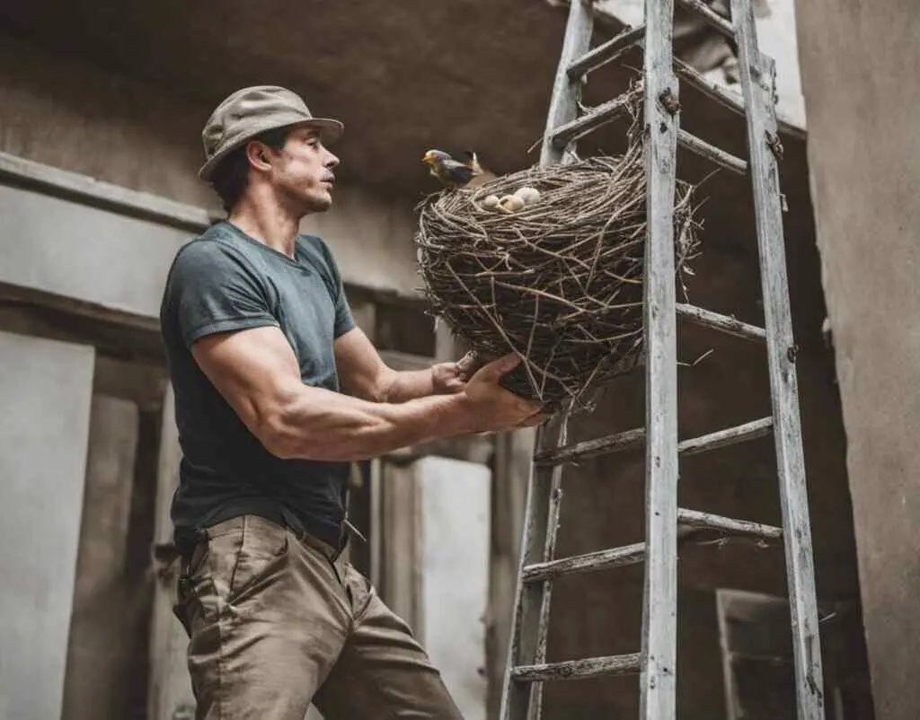 A man with a ladder and a nest in his hand.