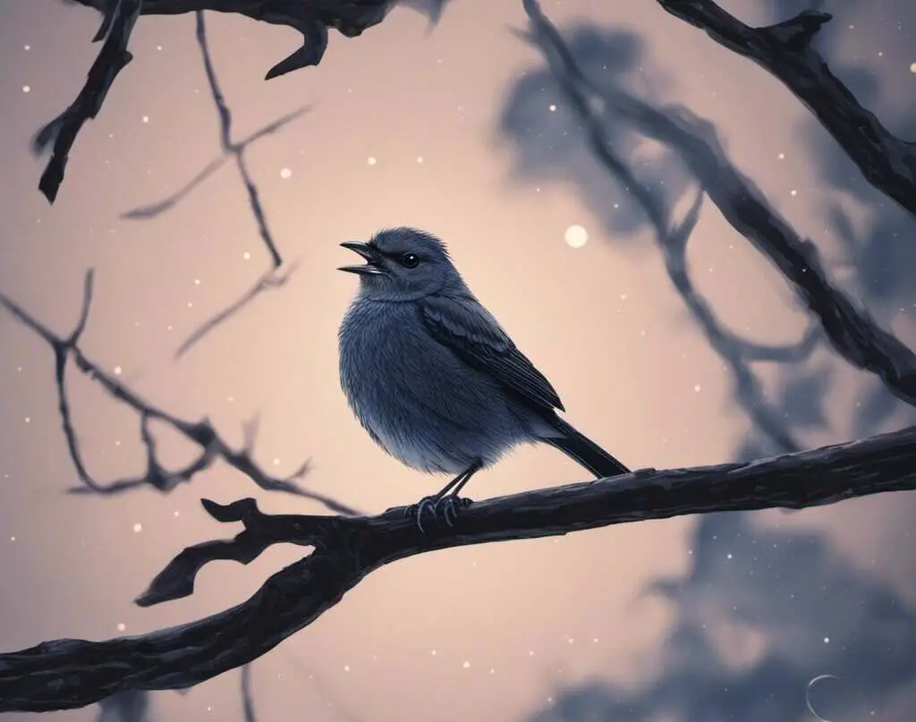 A small bird in a tree singing.