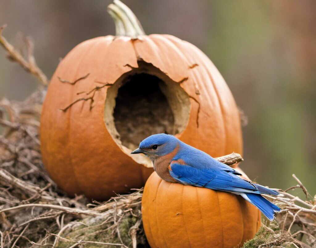 A bluebird nesting in a gourd.