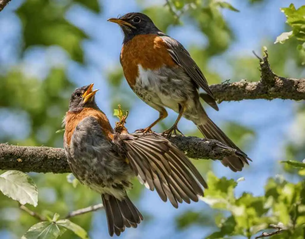 A robin teaching its young one to fly.