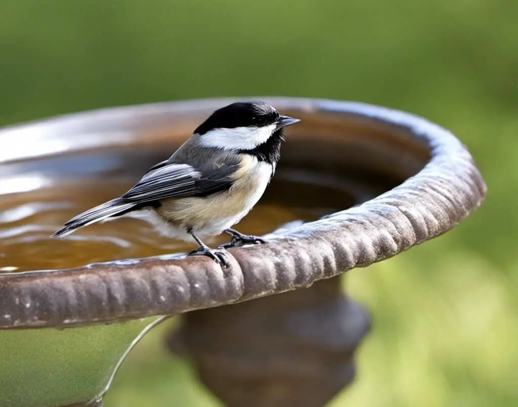 A chickadee perched on the edge of a bird bath drinking water.