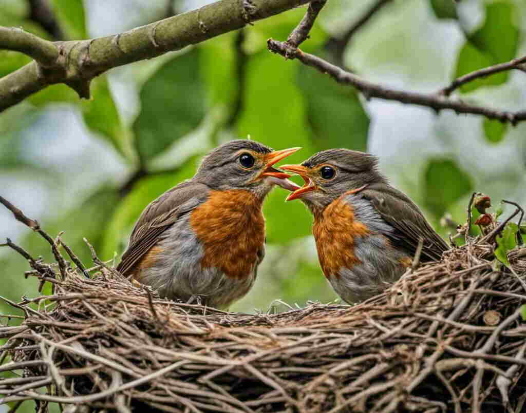 Two European Robins in a nest waiting for their parents.