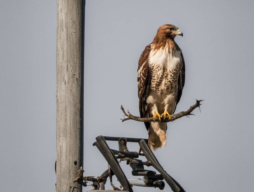 A hawk perched on a telephone pole.