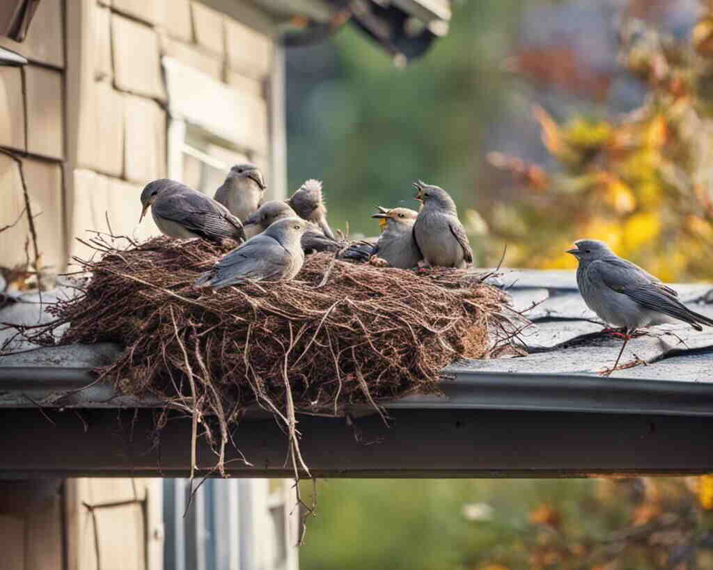 A group of birds nesting on a gutter.