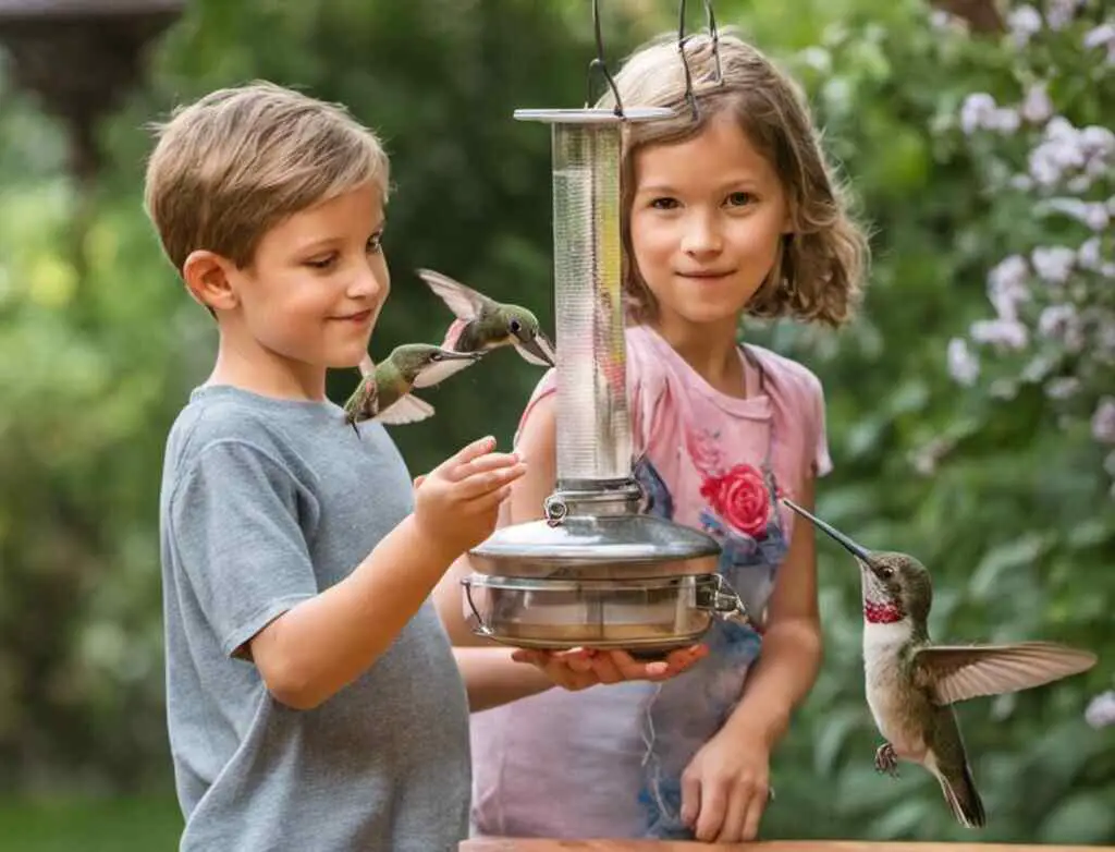 A boy and a girl standing near a hummingbird feeder with hummingbirds flying around them.