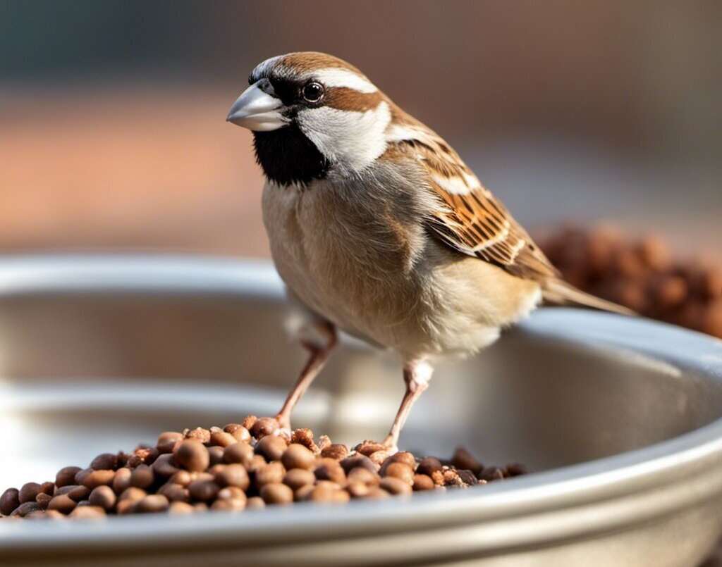 A House Sparrow eating food from a bowl.