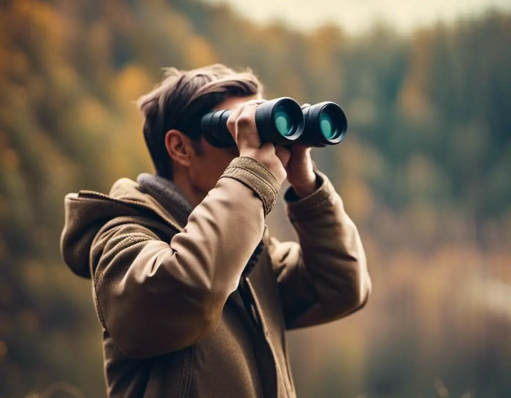 A man watching birds with binoculars.